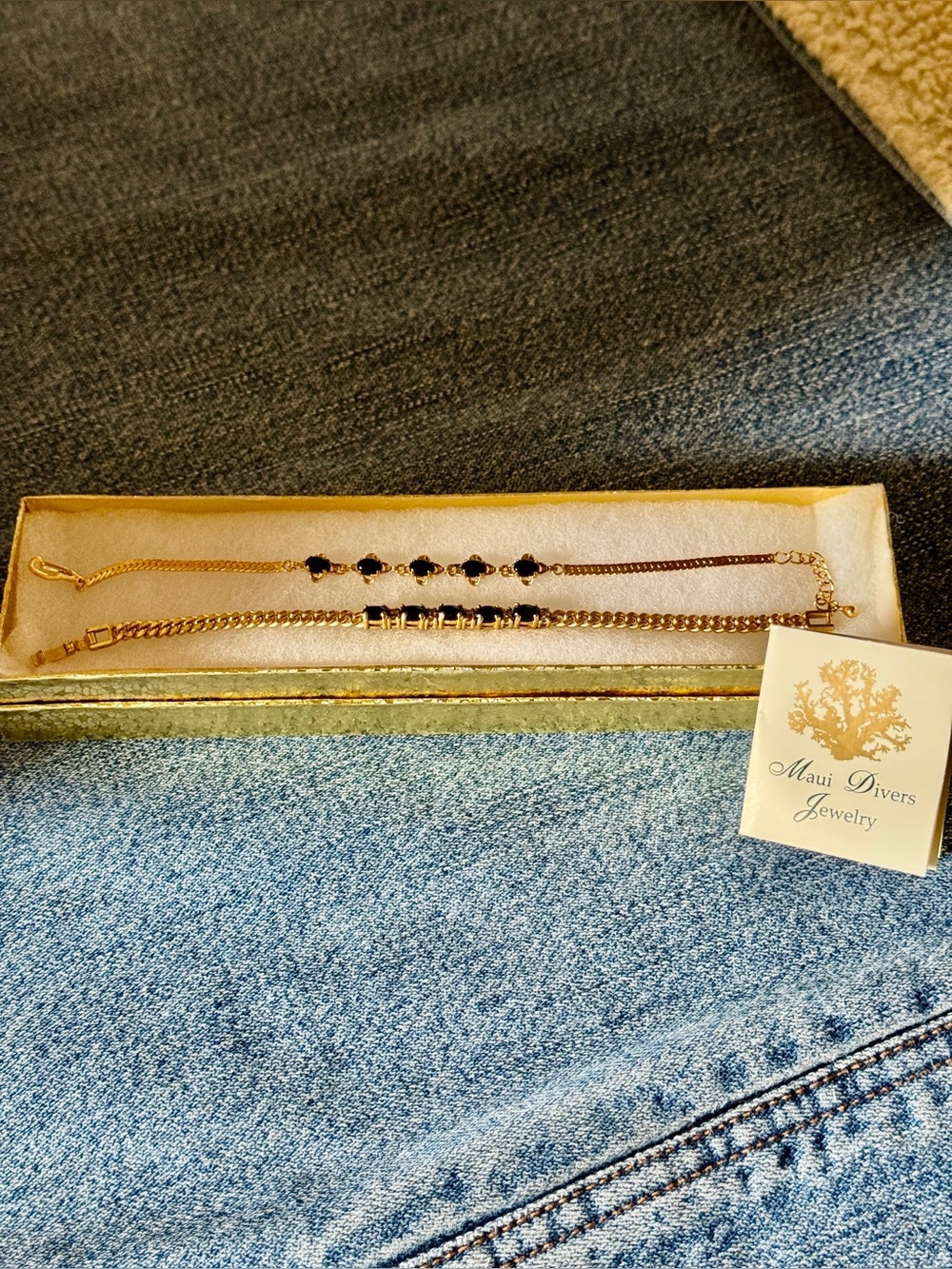 Two (2) Vintage Maui Divers Jewelry Gold and Black Coral Bracelets